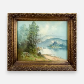 Edward T. Gibbs Antique Oil Pastel on Paper Painting "Mountain River" Framed