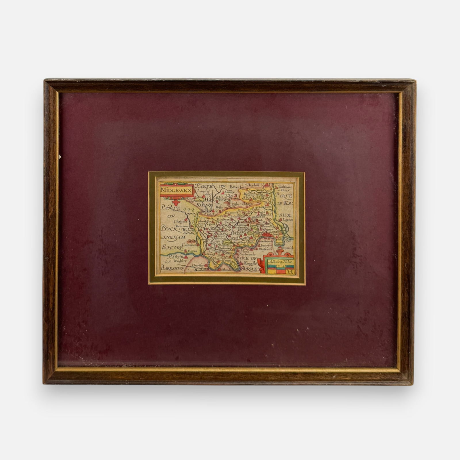 "Middlesex" Hand-Colored 17thC Miniature Map Framed (1 of 5)