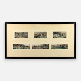 Six Antique Miniature Sporting Hunting Scene Paintings Framed