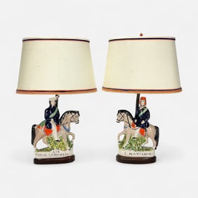 Pair Antique Staffordshire Pottery Horse Rider Table Lamps