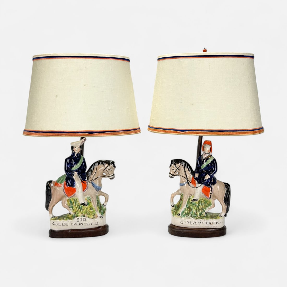 Pair Antique Staffordshire Pottery Horse Rider Table Lamps (1 of 9)