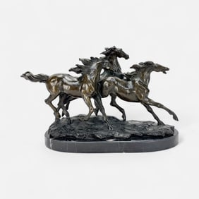 Signed Galloping Horses Bronze Sculpture
