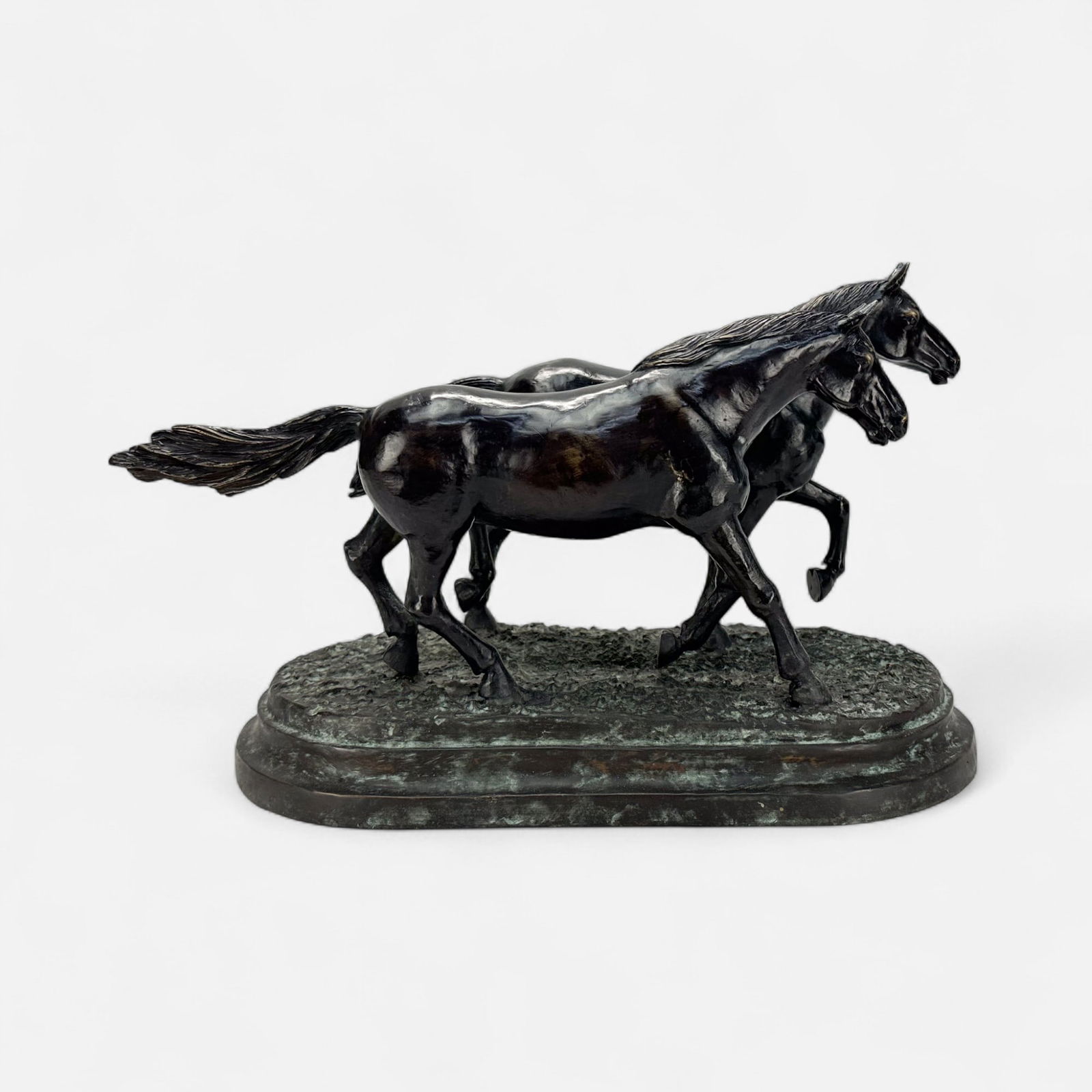 Maitland-Smith Trotting Horses Bronze Sculpture: See Maitland-Smith mark to base. Good overall with shown oxidation to base, discoloration and scuffs to bronzes. Please enlarge all photos for the best idea of condition.For shipping, we highly recomm