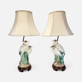 Pair Fitz and Floyd for Frederick Cooper Ceramic Crane Table Lamps