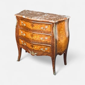 French Marquetry Inlaid Commode Bombe Chest w/Shaped Marble Top