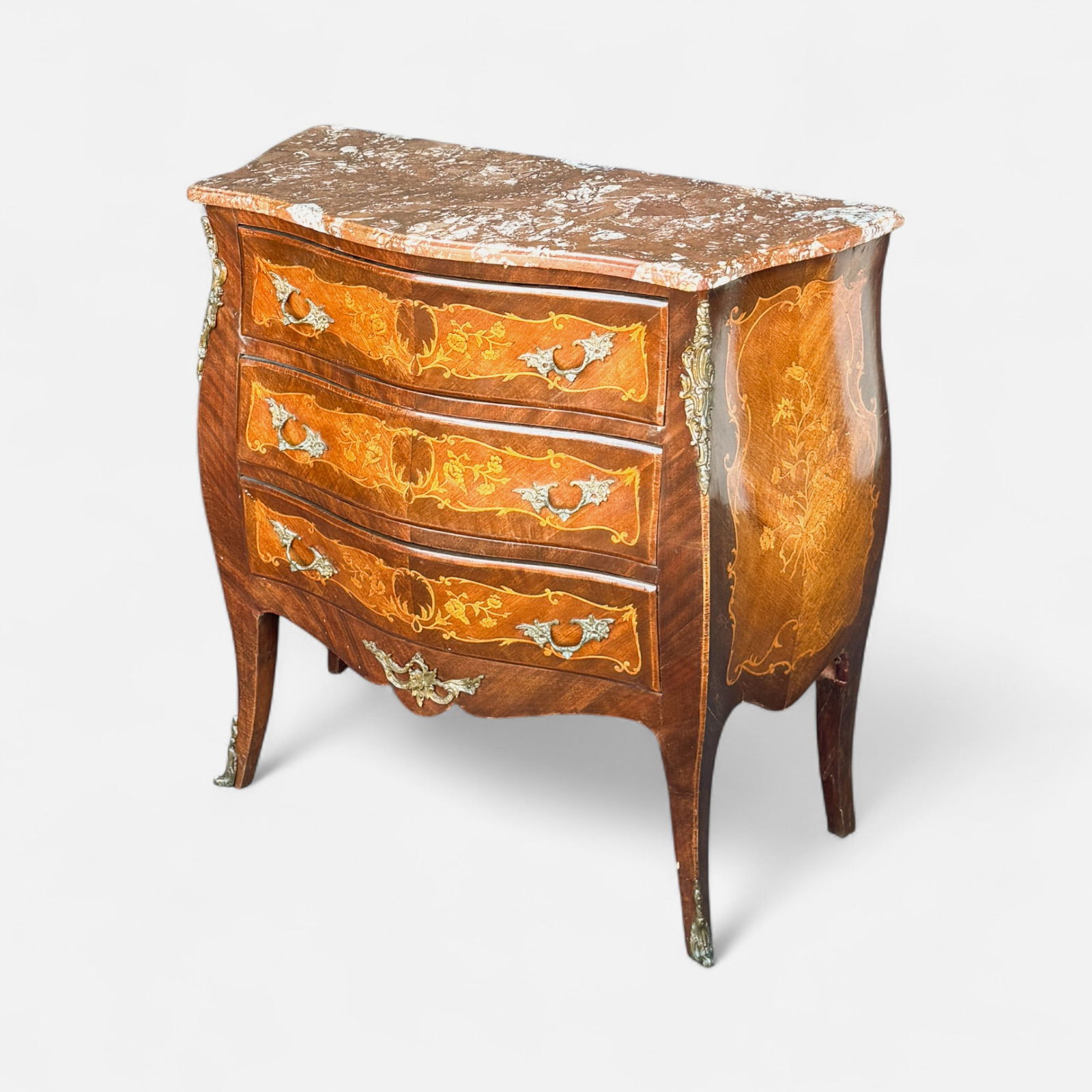 French Marquetry Inlaid Commode Bombe Chest w/Shaped Marble Top (1 of 8)