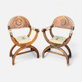 Pair Renaissance Revival Savonarola Carved Wood Armchairs