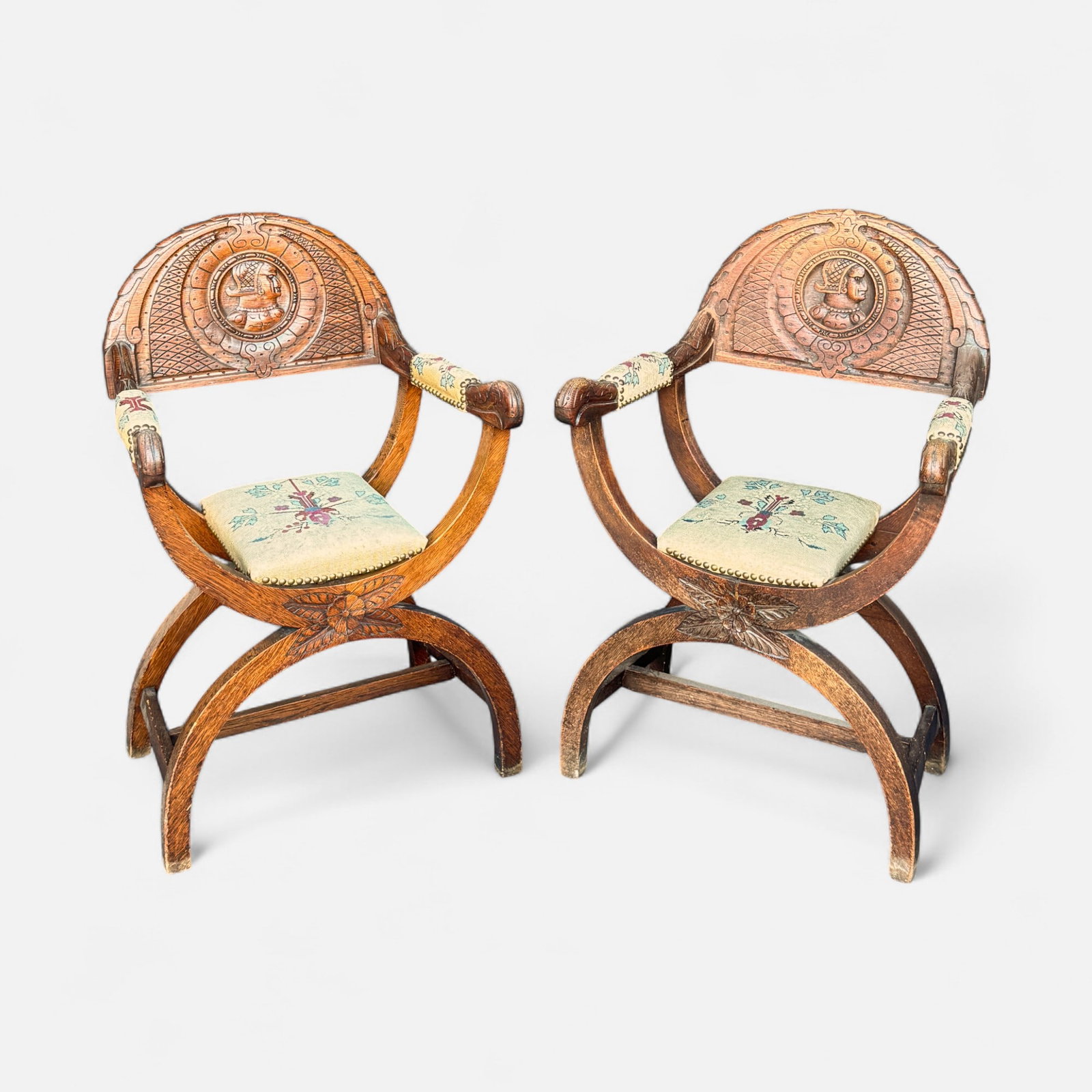 Pair Renaissance Revival Savonarola Carved Wood Armchairs: For shipping, we highly recommend Donald Camden at UPS Store 4608. Alternatively, reach out to one of our preferred shippers listed at the link below or elect for LiveShipping in the checkout screen. 