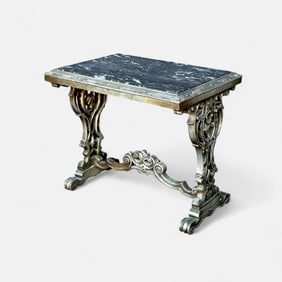 Antique 1920s Carved Silver Giltwood Marble Top Side Table
