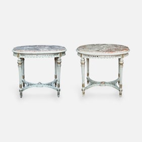 Pair Antique Louis XVI Style Italian Marble Top Oval Tables