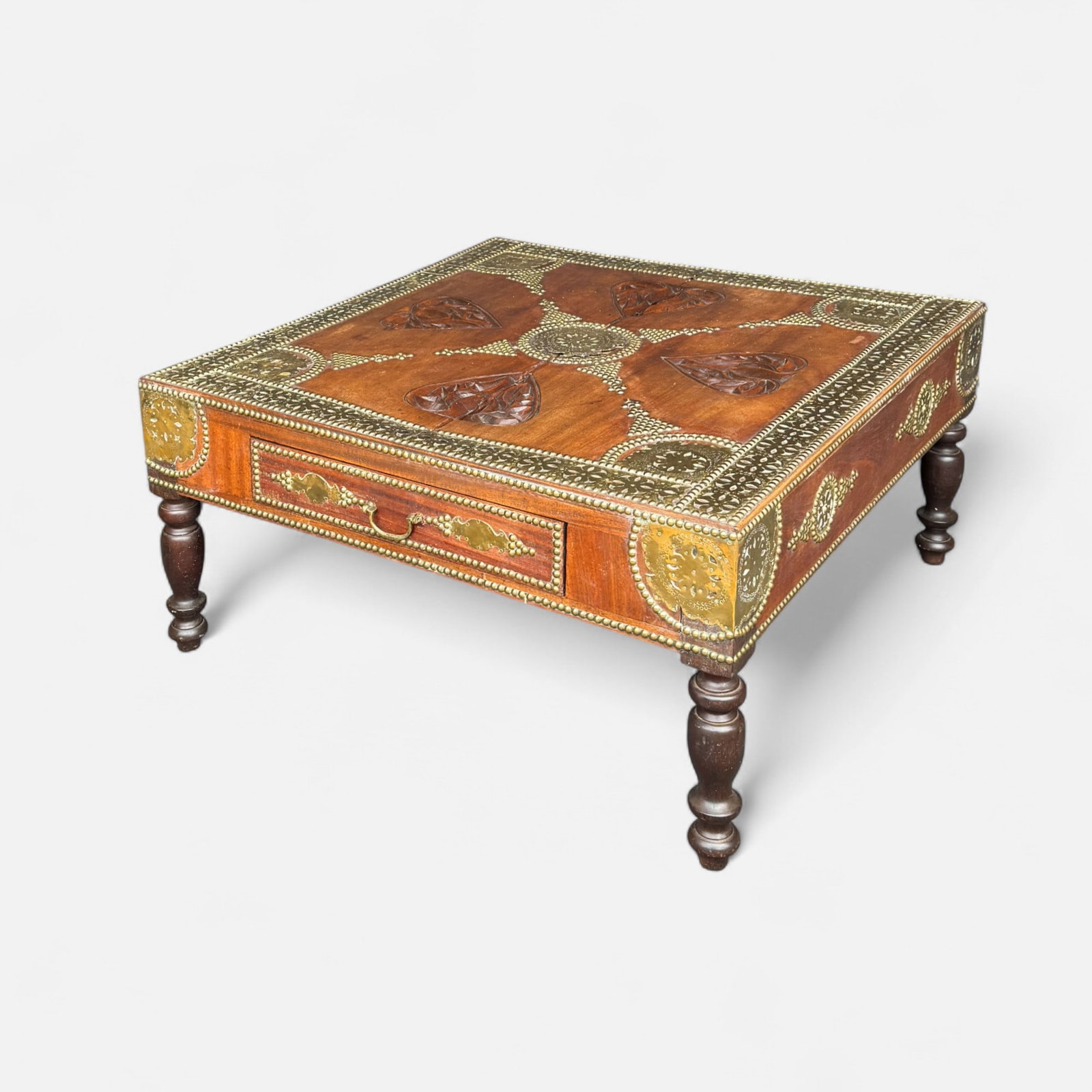 Indian Brass and Hardwood Pooja Chowki Table: Good as shown, with a split down the middle. For shipping, we highly recommend Donald Camden at UPS Store 4608. Alternatively, reach out to one of our preferred shippers listed at the link below or el