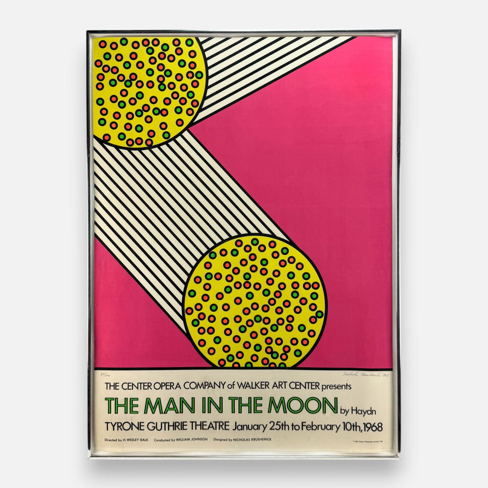 Nicholas Krushenick "The Man in the Moon" 1968 Signed Art Exhibition Poster Screenprint Framed: See creases. Pencil signed lower right, numbered #82/100 lower left. Approx. sheet size 37" x 26 1/2".For shipping, we highly recommend Donald Camden at UPS Store 4608. Alternatively, reach out to one