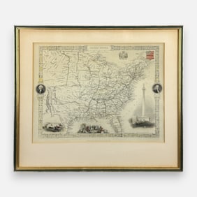 Tallis & Rapkin Antique 19thC Hand-Colored Map of the United States