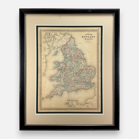 Johnson's England and Wales Antique 19thC Hand-Colored Map Framed