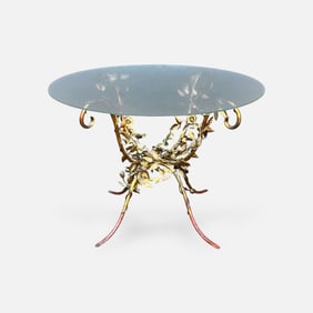 Italian 1950s Hollywood Regency Gilt Metal Flowers Glass Top Table