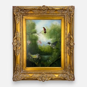 Cristobal Signed Hummingbird Oil on Canvas Framed Painting School of Martin Johnson Heade