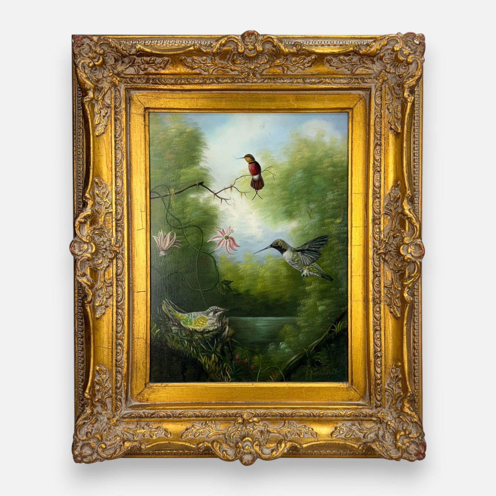 Cristobal Signed Hummingbird Oil on Canvas Framed Painting School of Martin Johnson Heade: Signed "Cristobal" lower right. Very good sight condition. Approx. stretcher size 16" x 12".For shipping, we highly recommend Donald Camden at UPS Store 4608. Alternatively, reach out to one of our pr