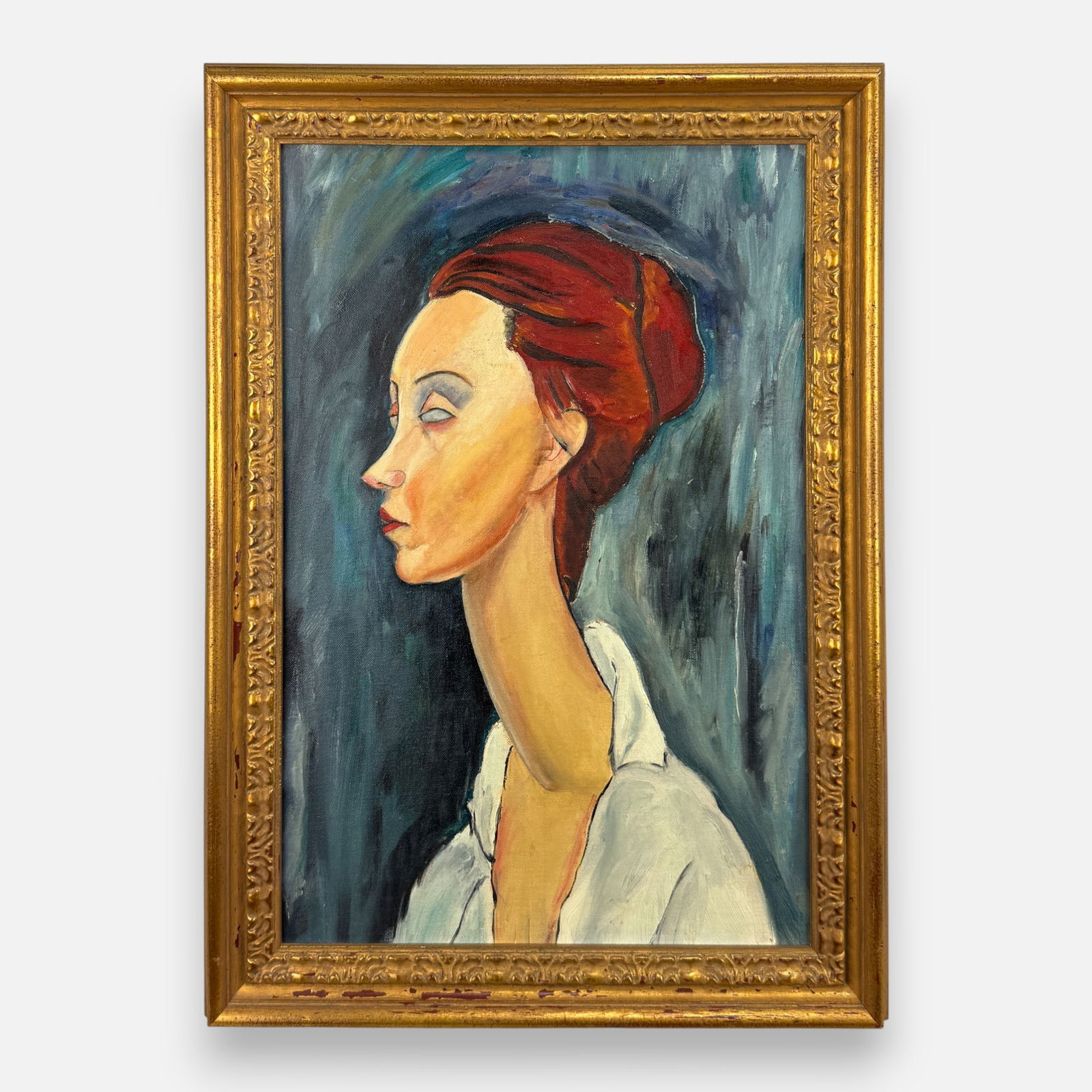 Amedeo Modigliani (After) "Portrait Of Lunia Czechowska" Framed Oil Painting: Apparently unsigned. Approx. sight size 17 3/4" x 11 1/4".For shipping, we highly recommend Donald Camden at UPS Store 4608. Alternatively, reach out to one of our preferred shippers listed at the lin