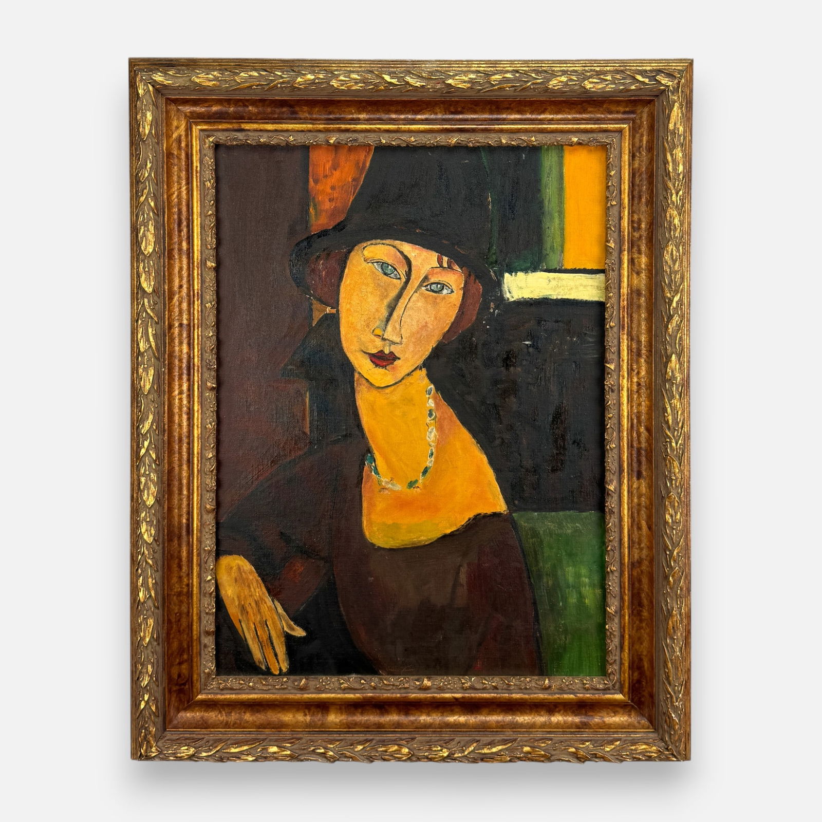 Amedeo Modigliani (After) "Jeanne Hebuterne" Framed Oil Painting: Apparently unsigned. Approx. sight size 19 1/2" x 14". For shipping, we highly recommend Donald Camden at UPS Store 4608. Alternatively, reach out to one of our preferred shippers listed at the link b
