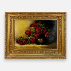 Antique Rose Bouquet Still Life Oil on Board Painting Framed