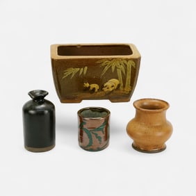 Japanese 20thC Studio Pottery Bowl, Cups, and Sake Vase and Chinese Planter
