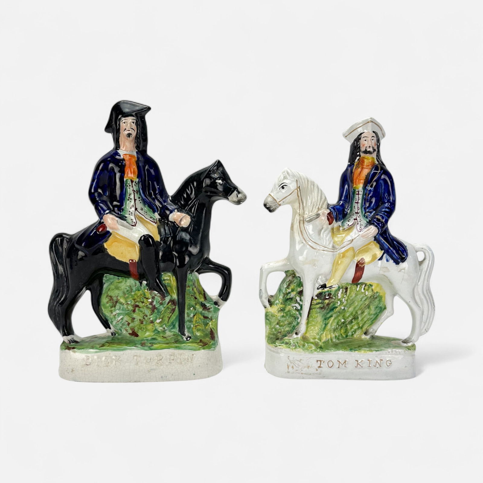 Pair Antique English Staffordshire Pottery Horse Rider Figurines: Ca. late 19thC. Good with shown surface loss. No chips, cracks, or repairs.For shipping, we highly recommend Donald Camden at UPS Store 4608. Alternatively, reach out to one of our preferred shippers