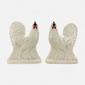 Pair Antique English Staffordshire Pottery Cockerel Figurines