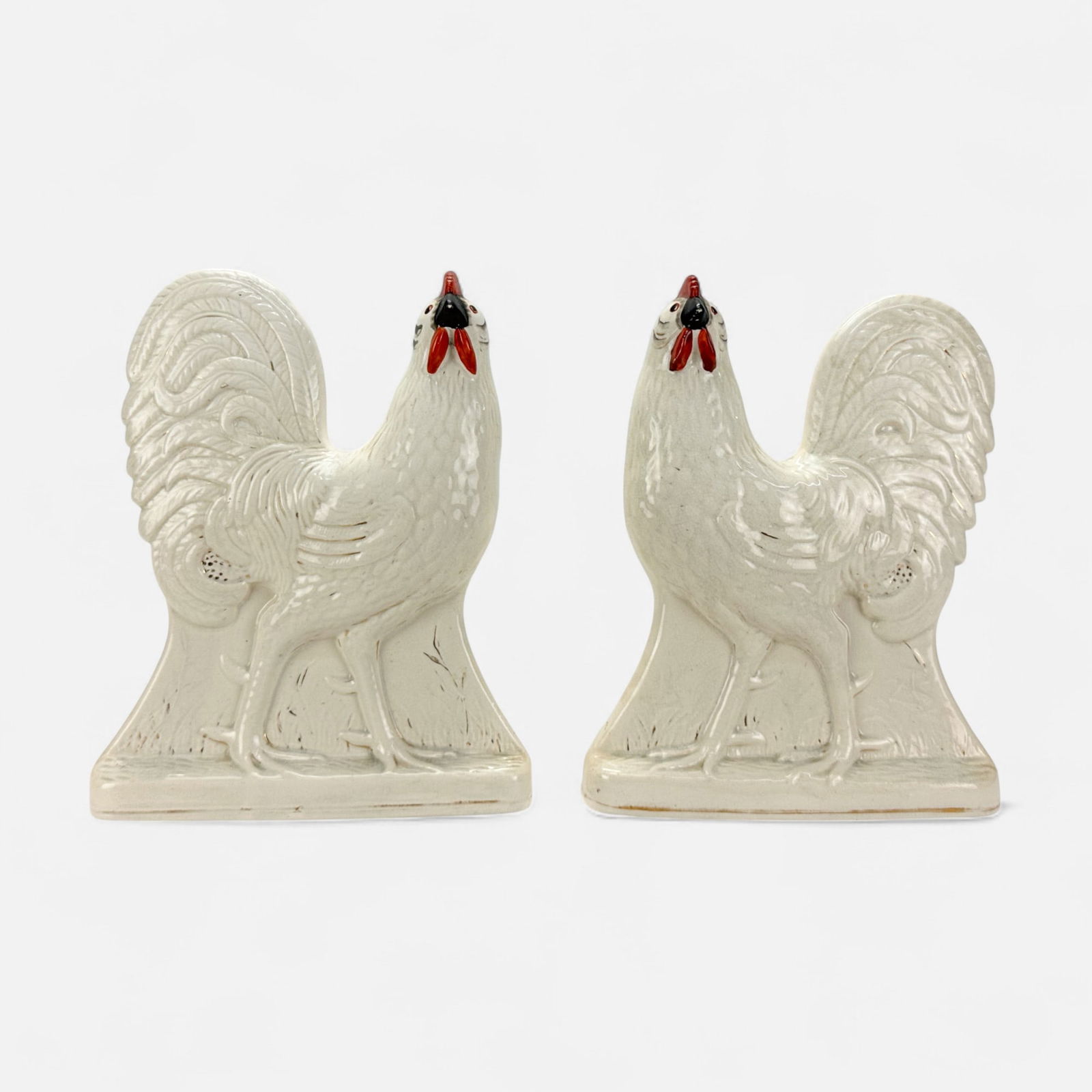 Pair Antique English Staffordshire Pottery Cockerel Figurines (1 of 10)