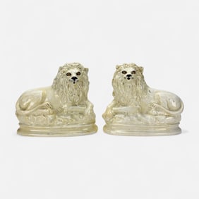 Pair Antique English Staffordshire Pottery Lion Figurines
