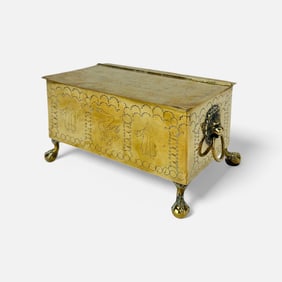 Antique Stamped Brass Two-Compartment Footed Casket Lidded Box
