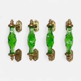 Four Antique Green Glass and Brass Handles