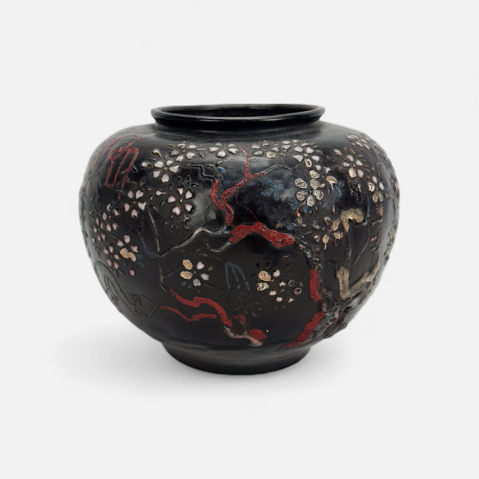 Antique Japanese 19thC Applied Enamel on Copper Round Springtime Vase: Ca. last half 19thC. The applied enamel decoration is thick, and looks complete, including the calligraphic poem. This round vase has no major dents or dings; it looks to be hand hammered. For shippin