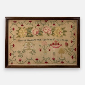 Antique 19thC Needlework Textile Sampler Framed Schoolgirl Folk Art