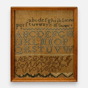 Antique Needlework Sampler Textile Framed