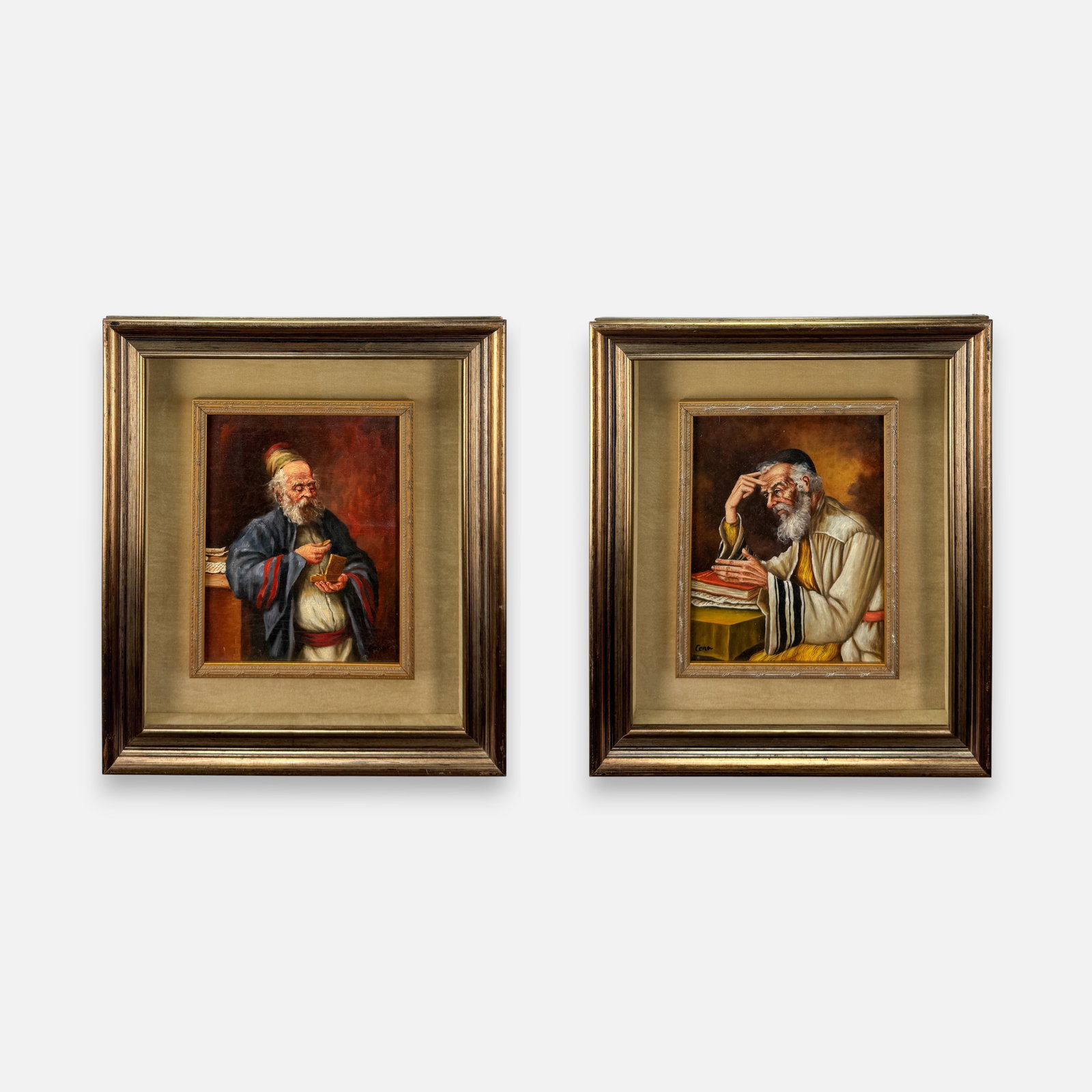 Pair Cena Artist Signed Saint Painting Framed: Each painting signed "Cena". Good overall condtion. Approx. sight size 9 1/2" x 7". For shipping, we highly recommend Donald Camden at UPS Store 4608. Alternatively, reach out to one of our preferred 