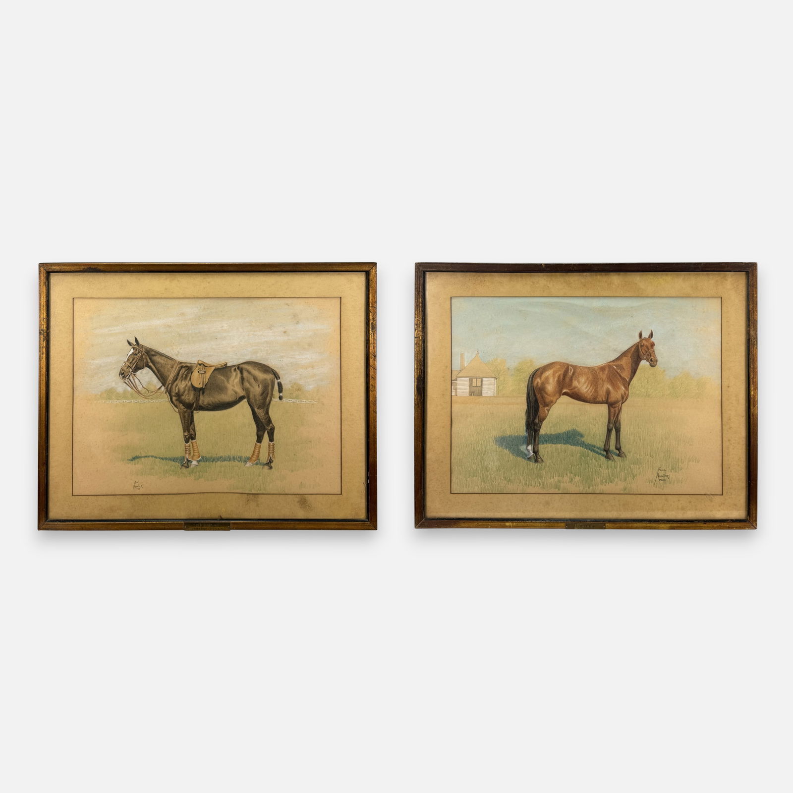 Meunier 1933 Pastel on Paper Horse Paintings: Each painting signed and dated. Good overall condition with spots of discoloration. Approx. sight size 14 1/2" x 20 1/2".For shipping, we highly recommend Donald Camden at UPS Store 4608. Alternativel