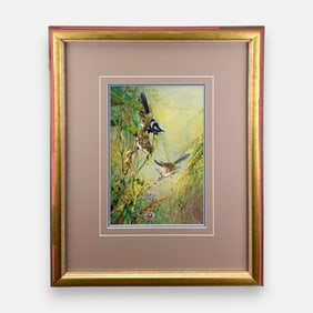 Roger Edwards "Superb Blue Wren" Watercolor on Paper Painting Framed