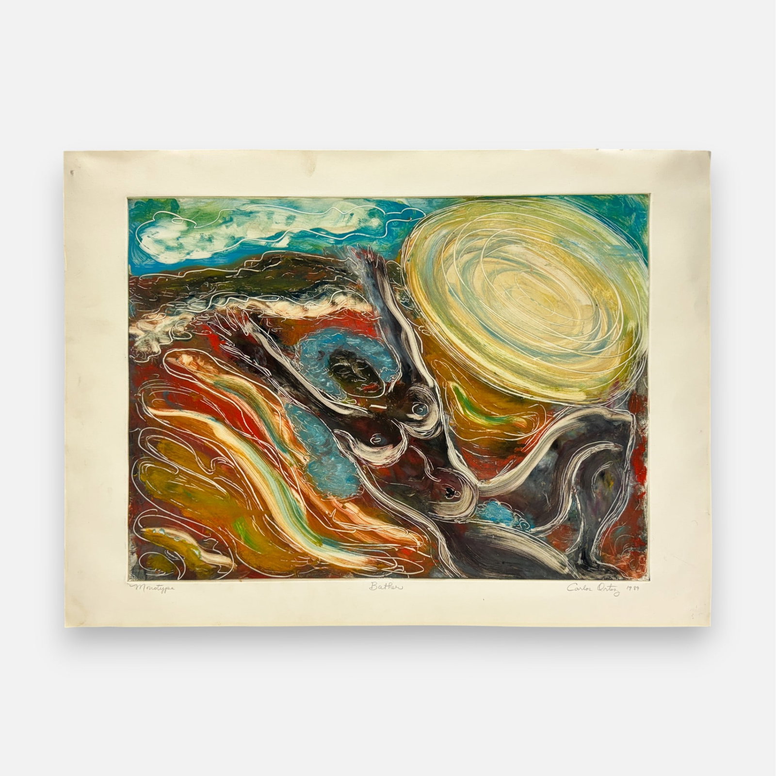 Carlos Ortiz "Bather" Monotype Print: Original monotype print by American artist Carlos Ortiz titled "Bather". Approx. impression size 17 3/4" x 23 3/4". For shipping, we highly recommend Donald Camden at UPS Store 4608. Alternatively, re