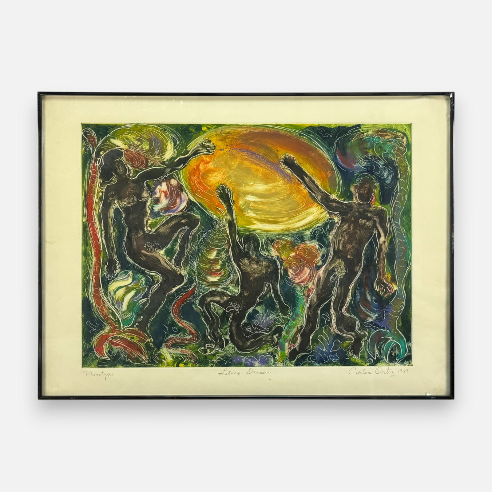 Carlos Ortiz "Latino Dancers" Monotype Print: Original monotype print by American artist Carlos Ortiz titled "Latino Dancers". Approx. impression size 17 3/4" x 23 3/4". For shipping, we highly recommend Donald Camden at UPS Store 4608. Alternati