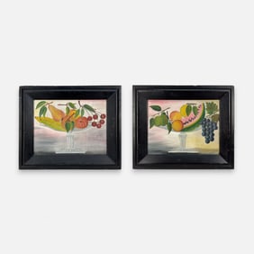 Two Antique Still Life Theorem Style Paintings on Board Fruit in Compote