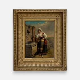 "Girl at the Fountain" Oil on Board Painting Framed