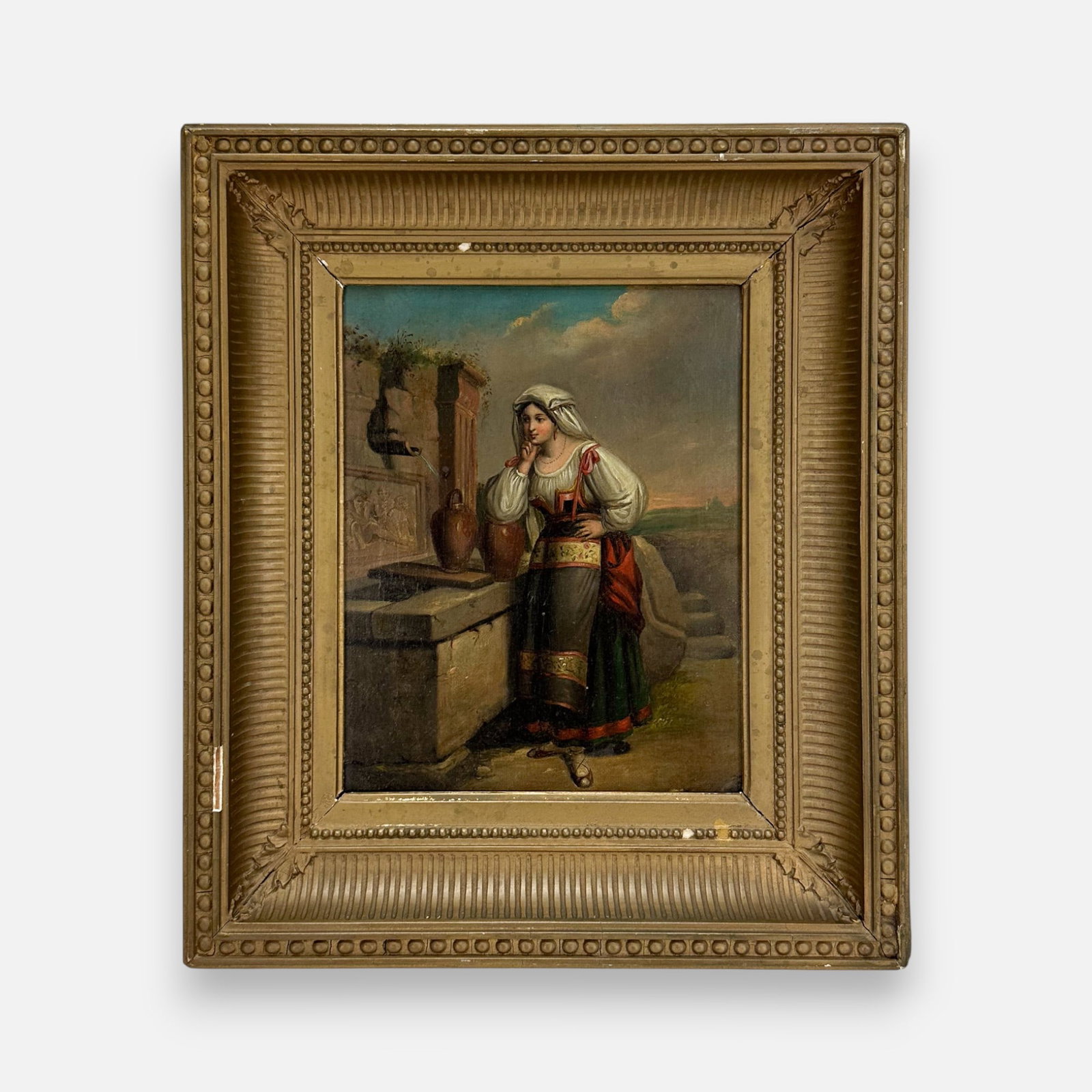 "Girl at the Fountain" Oil on Board Painting Framed: Apparently unsigned. Very good age-appropriate condition. Approx. board size 10" x 8 1/2". For shipping, we highly recommend Donald Camden at UPS Store 4608. Alternatively, reach out to one of our pre