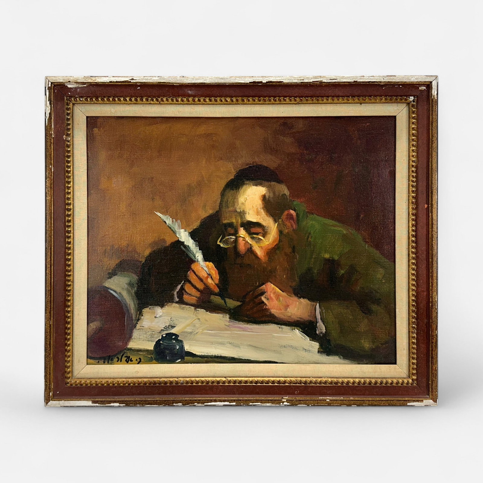 Adolf Adler Jewish Scholar Studying the Torah Oil on Canvas Painting Framed: Oil on Canvas painting by Romanian-Israel artist Adolf Adler (1917-1984). Signed lower left. Very good condition as shown. Approx. stretcher size 16" x 20 1/2". For shipping, we highly recommend Donal