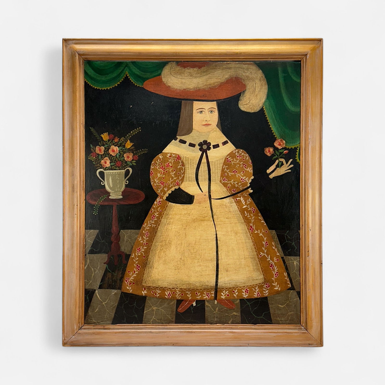 1966 American Folk Art Oil on Board Painting of a Woman in Dress Signed RVS 66 (1 of 6)