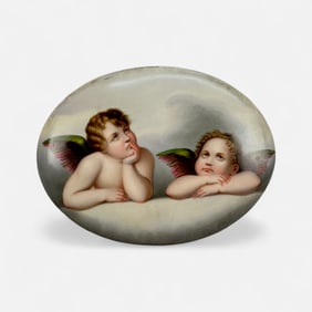 Antique Hand Painted KPM Style German Porcelain Plaque of Two Cherubs