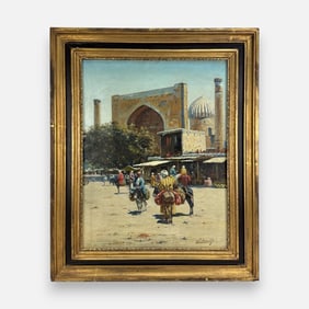 Richard Karlovich Zommer Samarkand Scene Orientalist Oil on Board Painting Framed