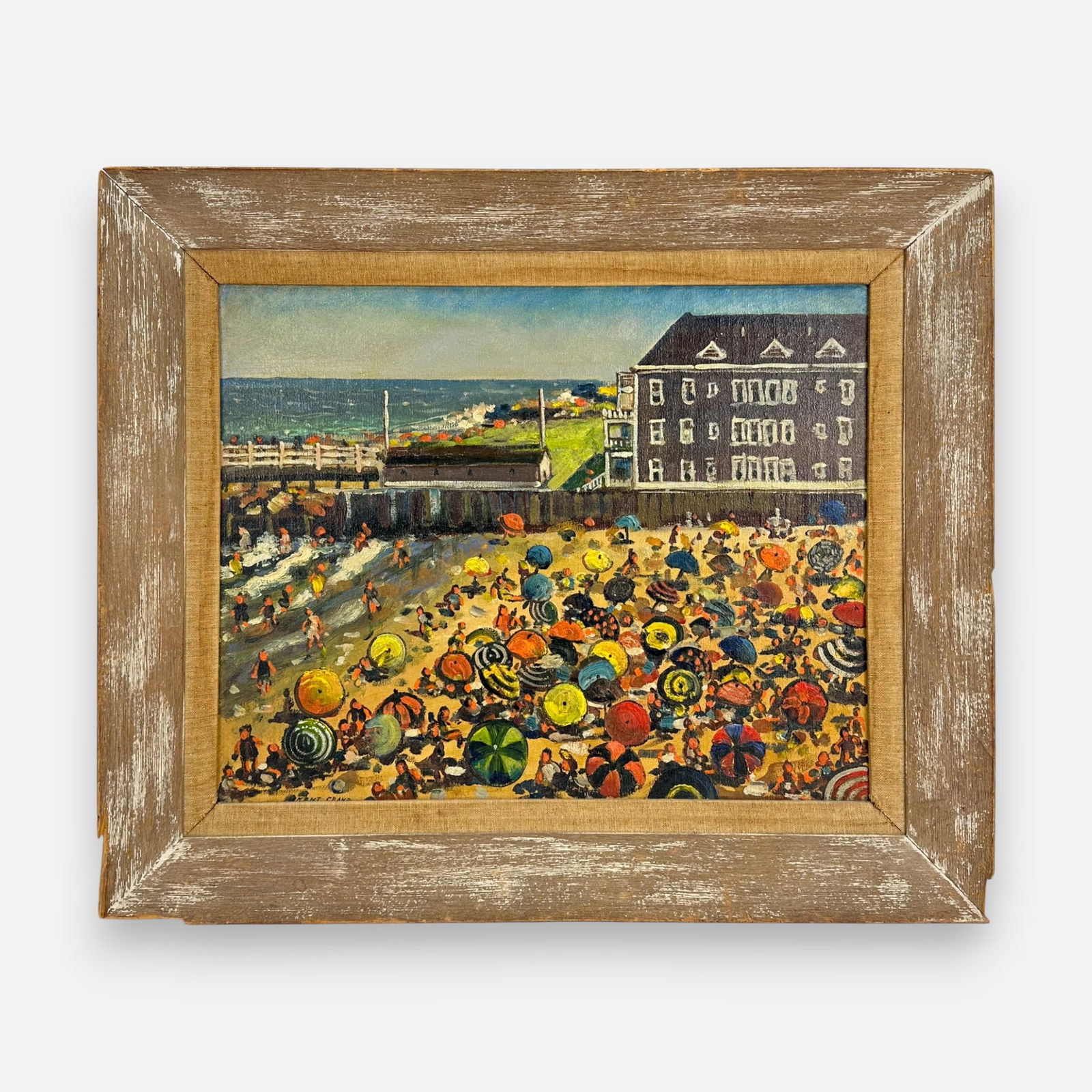 Kent Crane "Beach Scene" Whimsical Outsider American Art Oil on Canvasboard Painting Framed (1 of 8)