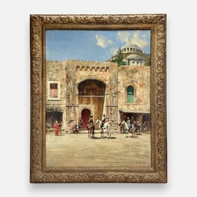 Victor Pierre Huguet "Porte de l'Arsenal" Large Antique 19thC Orientalist Oil on Canvas Painting