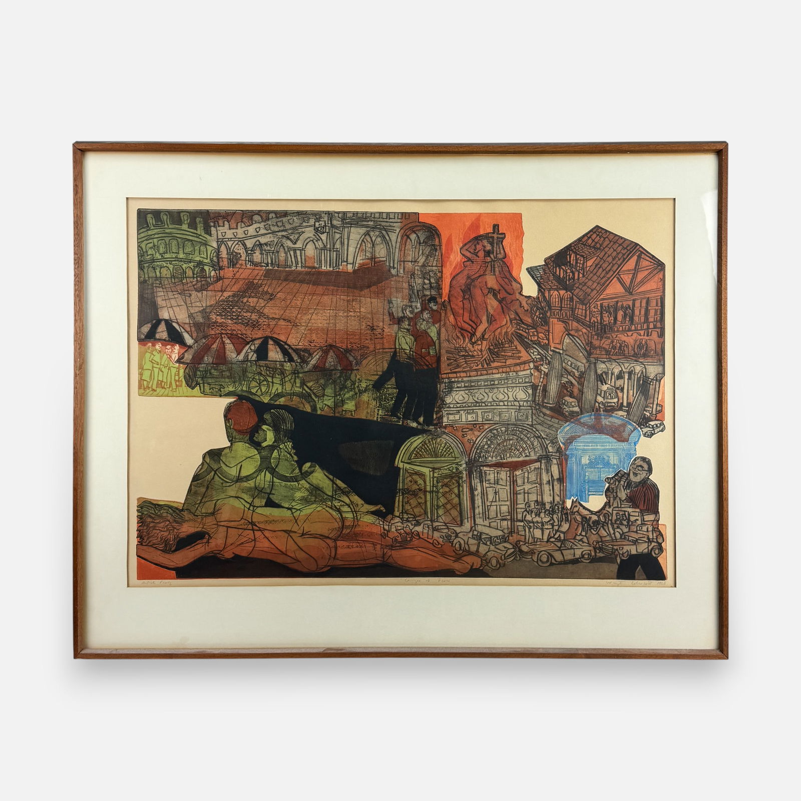 Warrington Colescott "Campo di Fiore" 1968 Color Etching Framed Print (1 of 7)
