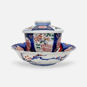 Antique 19thC Japanese Imari Arita Porcelain Covered Lidded Bowl with Saucer